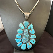 Navajo Blue Kingman Turquoise Cluster Pendant Necklace | Sterling Silver | Authentic Native American Handmade | 16795