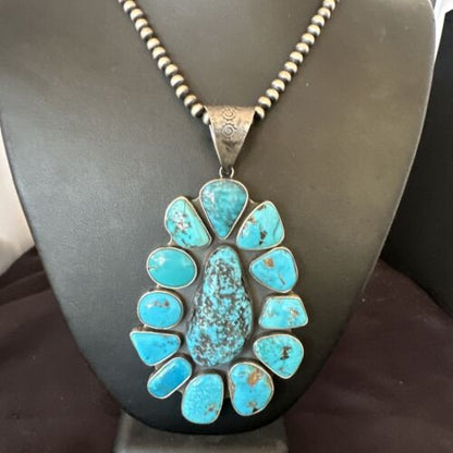 Navajo Blue Kingman Turquoise Cluster Pendant Necklace | Sterling Silver | Authentic Native American Handmade | 16795