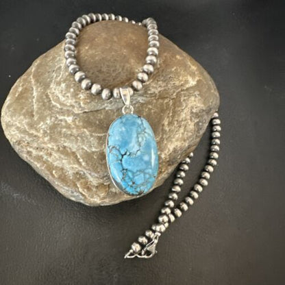 Navajo Blue Spiderweb Turquoise Pendant Necklace | Sterling Silver | Authentic Native American Handmade | 17021