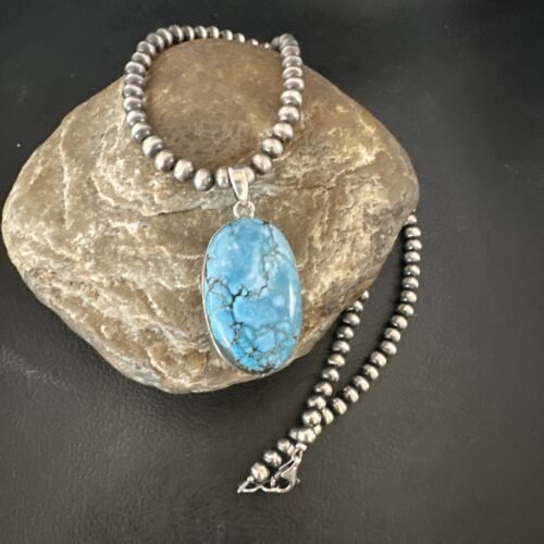Navajo Blue Spiderweb Turquoise Pendant Necklace | Sterling Silver | Authentic Native American Handmade | 17021