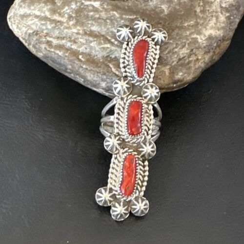 Navajo Red Coral Cluster Ring | Authentic Native American Sterling Silver | Multi-Stone | Sz 11.5 | 16329