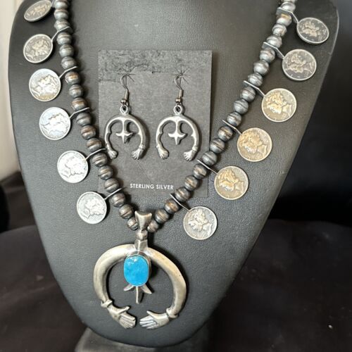 Navajo Kingman Turquoise Naja Pendant Necklace | Sterling Silver | Authentic Native American Handmade | 15158