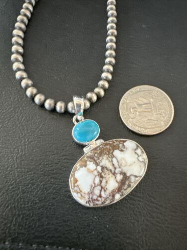 Navajo Wild Horse | Blue Kingman Turquoise Necklace | Sterling Silver | Authentic Native American Handmade | 17309