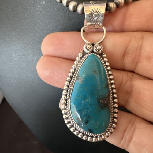 Navajo Pearls Kingman Turquoise Pendant Necklace | Sterling Silver | Authentic Native American Handmade | 17129
