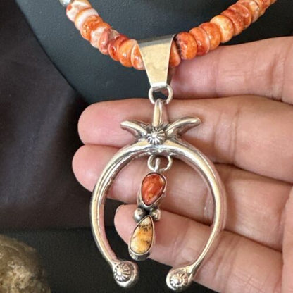 Navajo Red Spiny Oyster Naja Pendant Necklace | Sterling Silver | 23" | Authentic Native American Handmade | 17659