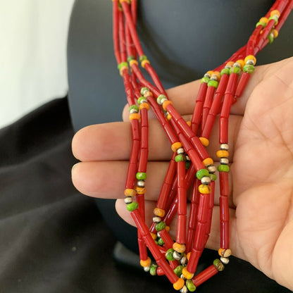 Navajo Red Coral Spiny Turquoise Bead Necklace with Pendant | Sterling Silver | 21" | 10923