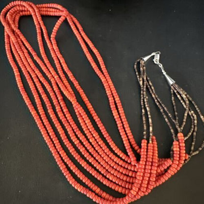 Navajo Red Spiny Oyster Shell Necklace | 5 Strand | Sterling Silver | 26" | Authentic Native American Handmade | 15530