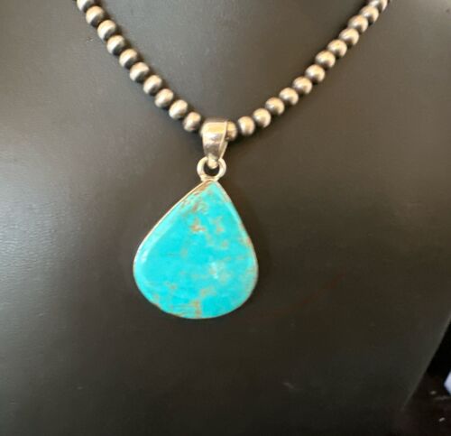Navajo Blue Kingman Turquoise Pendant Necklace | Sterling Silver | 20" | Authentic Native American Handmade | 17001