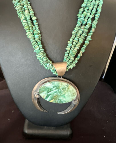 Navajo Green Turquoise Chrysoprase Naja Pendant Necklace | Sterling Silver | Authentic Native American Handmade | 16064
