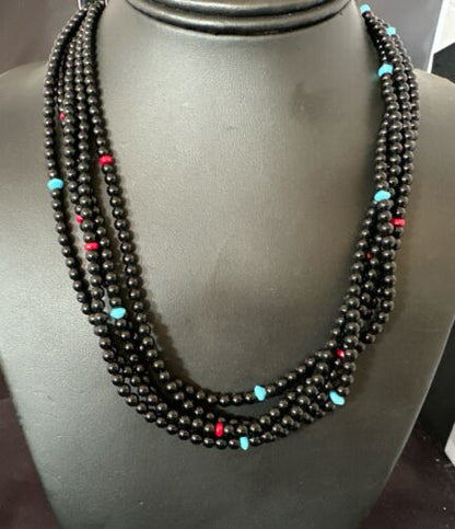 Navajo Black Onyx Turquoise Bead Necklace | Sterling Silver | 18" | Authentic Native American Handmade | 16821