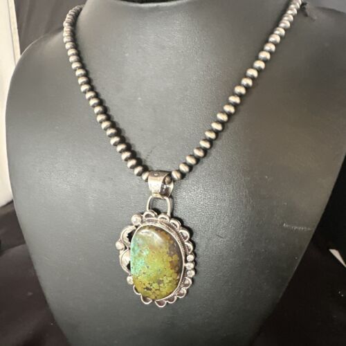 Navajo Green Turquoise Pendant Necklace | Sterling Silver | Authentic Native American Handmade | 15040