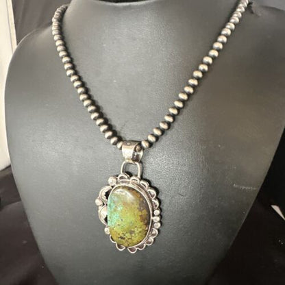 Navajo Green Turquoise Pendant Necklace | Sterling Silver | Authentic Native American Handmade | 15040