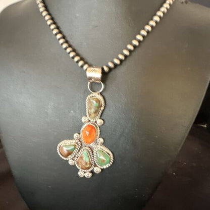 Navajo Green Turquoise Spiny Oyster Pendant Necklace | Sterling Silver | 16832