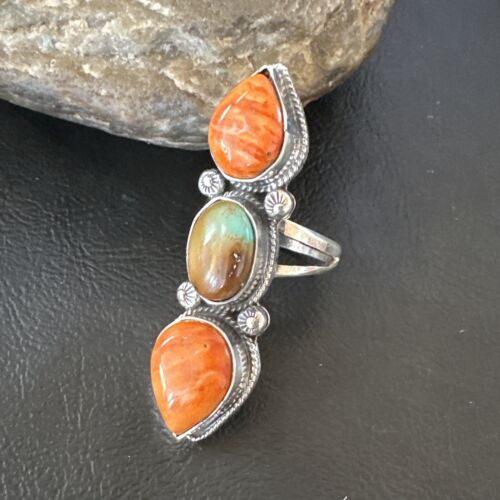Navajo Green Turquoise Spiny Oyster Multi-Stone Ring | Authentic Native American Sterling Silver | Sz 9.5 | 16715