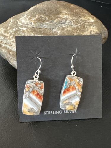 Navajo Blue Turquoise & Orange Spiny Oyster Inlay Dangle Earrings | Sterling Silver | 15582