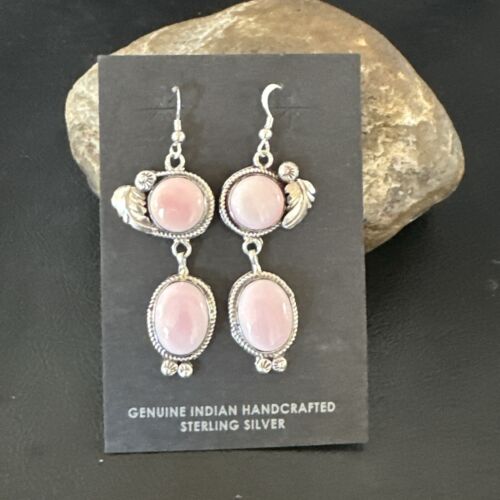 Navajo Pink Conch Shell Dangle Earrings | Sterling Silver | Authentic Native American Handmade | 17191