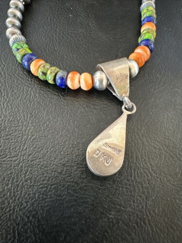 Navajo Spiny Oyster Turquoise Lapis Inlay Pendant Necklace | Sterling Silver | 21" | Authentic Native American Handmade | 16631