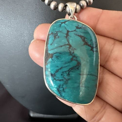 Men's Navajo Blue Spiderweb Turquoise Pendant Necklace | Sterling Silver | Authentic Native American Handmade | 16209