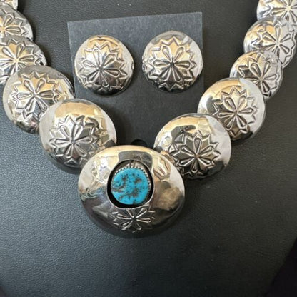 Navajo Sterling Silver Turquoise Pillow Stamped Bead Necklace Set | Authentic Native American Handmade | 15132 - Masha USA