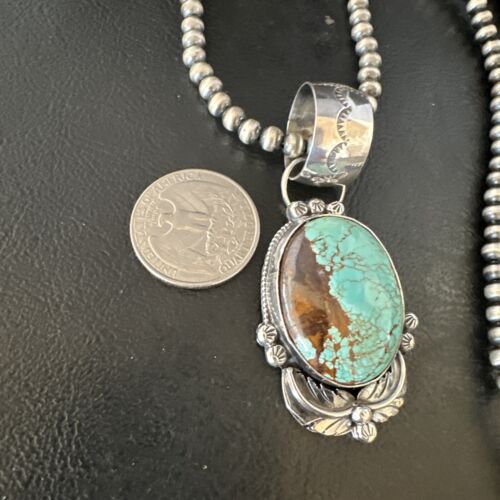 Men's Blue #8 Turquoise Pendant Necklace | Navajo Sterling Silver | Authentic Native American Handmade | 14975