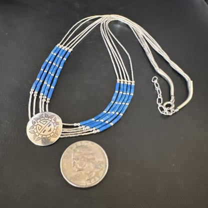 Navajo Concha Blue Denim Lapis Heishi Liquid Sterling Silver 5-Strand Necklace 20" | 15875