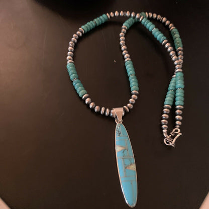 Navajo Blue Turquoise Opal Inlay Pendant Necklace | Sterling Silver | Authentic Native American Handmade | 11473