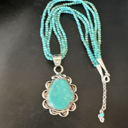 Navajo Blue Turquoise Pendant | Sterling Silver 3-Strand Bead Necklace | 17" | Authentic Native American Handmade | 15996