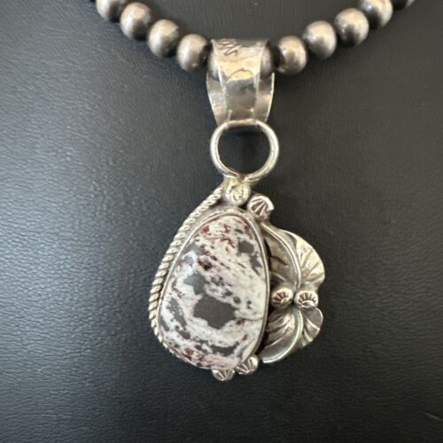 White Buffalo Turquoise Pendant | Navajo Pearls Sterling Silver Necklace 21" | Handmade Jewelry 17329