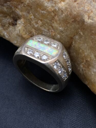 Navajo Cubic Zirconia Opal Inlay Ring | Sterling Silver | Sz 6.5 | Authentic Native American Handmade | 17156
