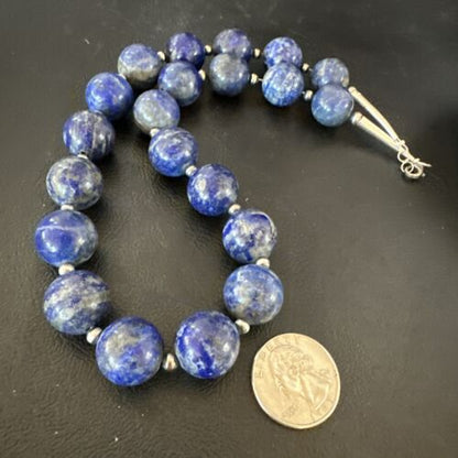 Navajo Blue Denim Lapis Necklace | Sterling Silver | 16mm | 18" | Authentic Native American Handmade | 17303