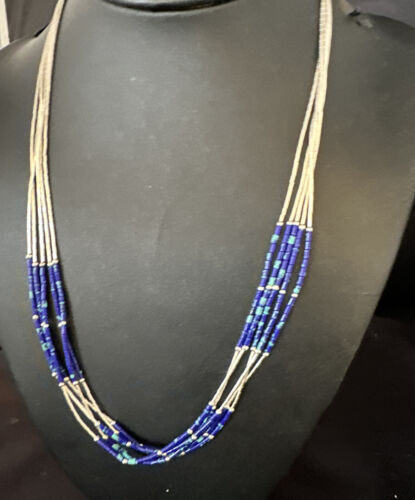 Navajo Blue Green Azurite 5-Strand Necklace | Sterling Silver | 20" | Authentic Native American Handmade | 15134