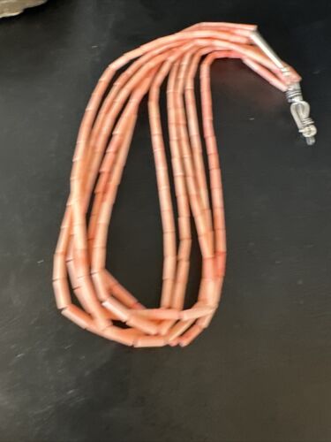 Navajo Pink Coral Tube Heishi Bead Necklace | 5-Strand Sterling Silver | 18" | Authentic Native American Handmade | 15278 - Masha USA
