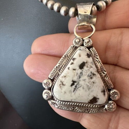 White Buffalo Turquoise Pendant | Navajo Pearls | Sterling Silver Necklace 21" | 17110