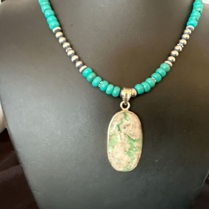 Navajo Teal Blue Turquoise Pendant Necklace | Sterling Silver | Authentic Native American Handmade | 16339