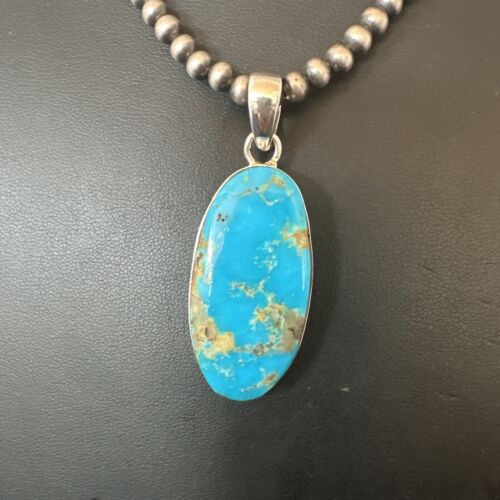 Navajo Blue Kingman Turquoise Pendant Necklace | Sterling Silver Pearls | 20" | 16685