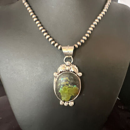 Navajo Green Turquoise Pendant Necklace | Sterling Silver | Authentic Native American Handmade | 15039