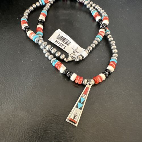 Navajo Turquoise Spiny Oyster Inlay Pendant Necklace | Sterling Silver | Authentic Native American Handmade | 13562