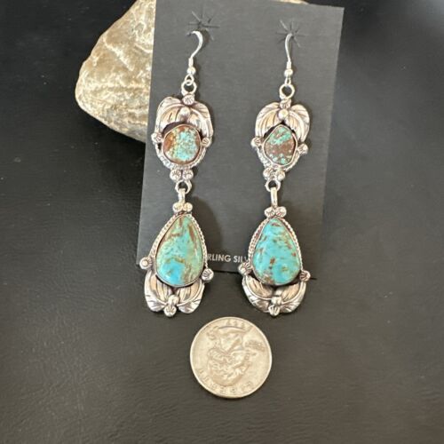 Navajo Blue Turquoise #8 Dangle Earrings | Sterling Silver | Authentic Native American Handmade | 16909