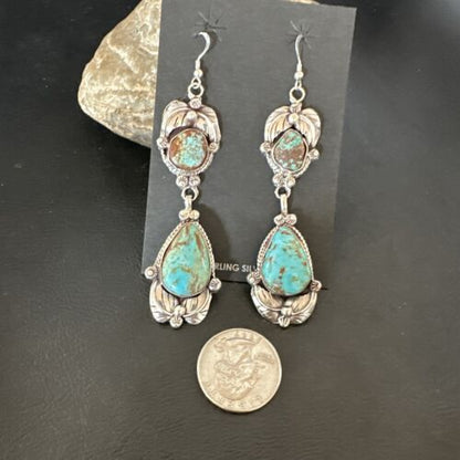Navajo Blue Turquoise #8 Dangle Earrings | Sterling Silver | Authentic Native American Handmade | 16909