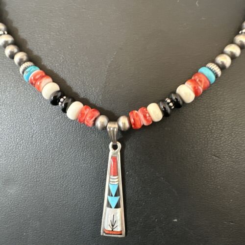 Navajo Turquoise Spiny Oyster Inlay Pendant Necklace | Sterling Silver | Authentic Native American Handmade | 13562