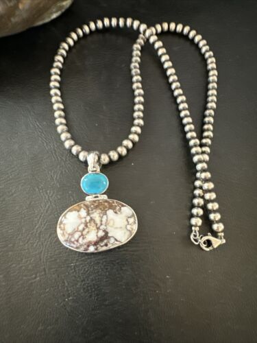Navajo Wild Horse | Blue Kingman Turquoise Necklace | Sterling Silver | Authentic Native American Handmade | 17309