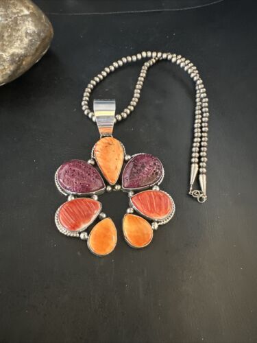 Navajo Purple Red Spiny Oyster Necklace with Naja Pendant | Sterling Silver | Native American Handmade | 14845