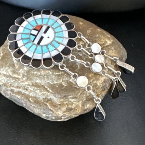Sunface Zuni Inlay Turquoise Mother of Pearl Pin Pendant | Sterling Silver | Authentic Native American Handmade | 15177