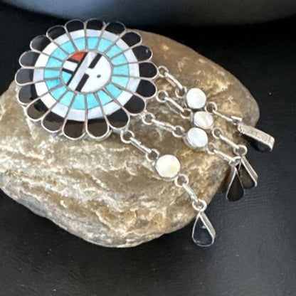 Sunface Zuni Inlay Turquoise Mother of Pearl Pin Pendant | Sterling Silver | Authentic Native American Handmade | 15177