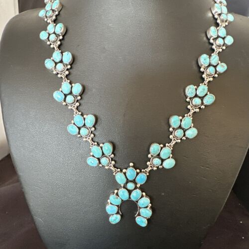 Rare Sleeping Beauty Kingman Turquoise Squash Blossom Necklace | Sterling Silver | 16269
