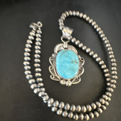 Navajo Kingman Turquoise Pendant Necklace | Sterling Silver Pearls | Authentic Native American Handmade | 15214