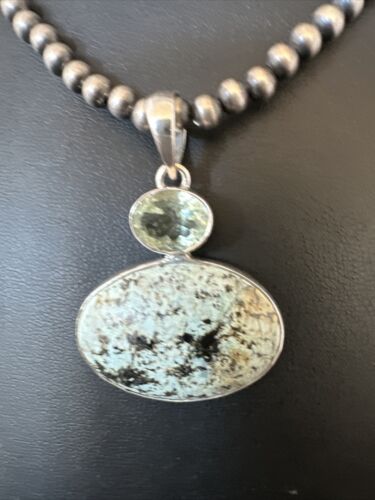 Navajo Dry Creek Turquoise Topaz Pendant Necklace | Sterling Silver | Authentic Native American Handmade | 16437
