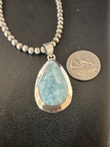 Navajo Blue Larimar Pendant Necklace | Sterling Silver Beads | Authentic Native American Handmade | 17603