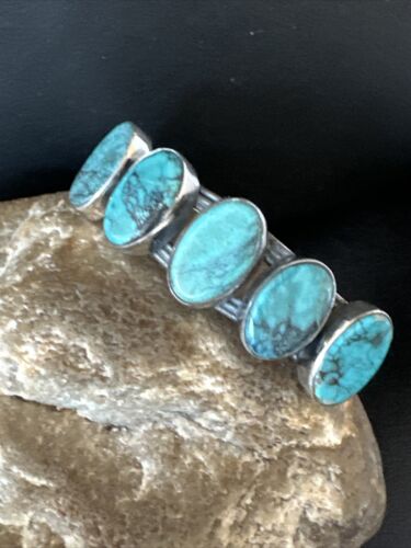 Women's Blue Turquoise 5-Stone Cuff Bracelet | Navajo Sterling Silver | Authentic Native American Jewelry | 16165