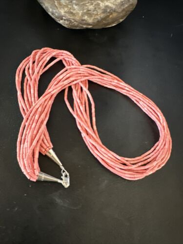 Pink Conch Tube Heishi Bead Necklace | 10 Strand Navajo Sterling Silver | 19" | 15086